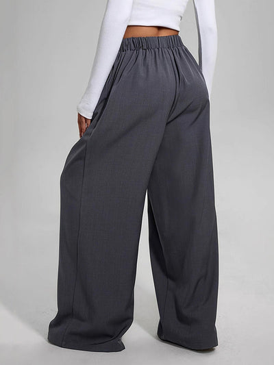 High Waisted Loose Pleated Pockets Solid Color Pants Trousers