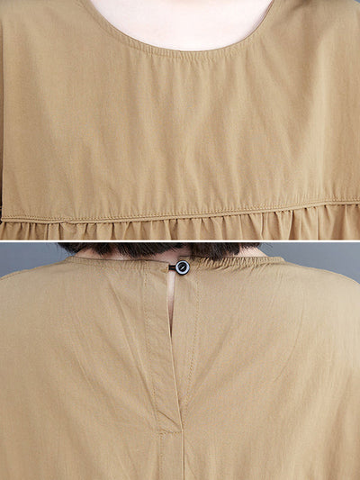 Loose Short Sleeves Solid Color Round-Neck Midi Dresses