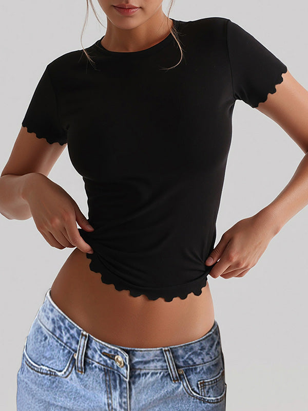 Short Sleeves Skinny Solid Color Round-Neck T-Shirts Tops