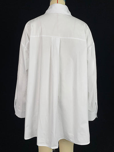 A-Line High-Low Buttoned Pockets Printed Split-Side Stand Collar Blouses&Shirts Tops