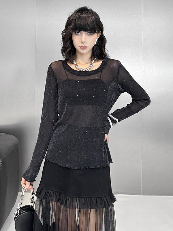 Long Sleeves Loose See-Through Shiny Round-Neck T-Shirts Tops