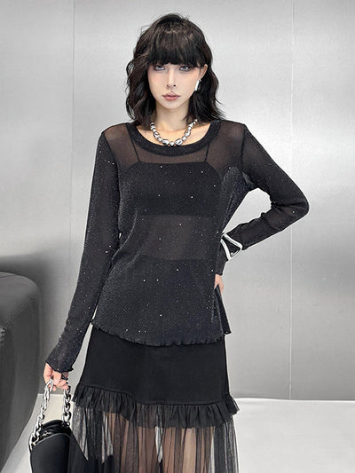 Long Sleeves Loose See-Through Shiny Round-Neck T-Shirts Tops