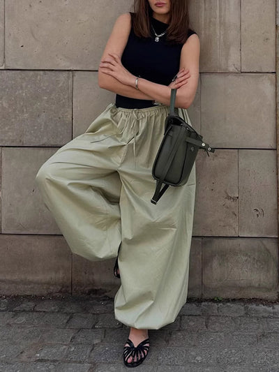 Elasticated Waist High Waisted Drawstring Pleated Solid Color Ankle-Tied Pants