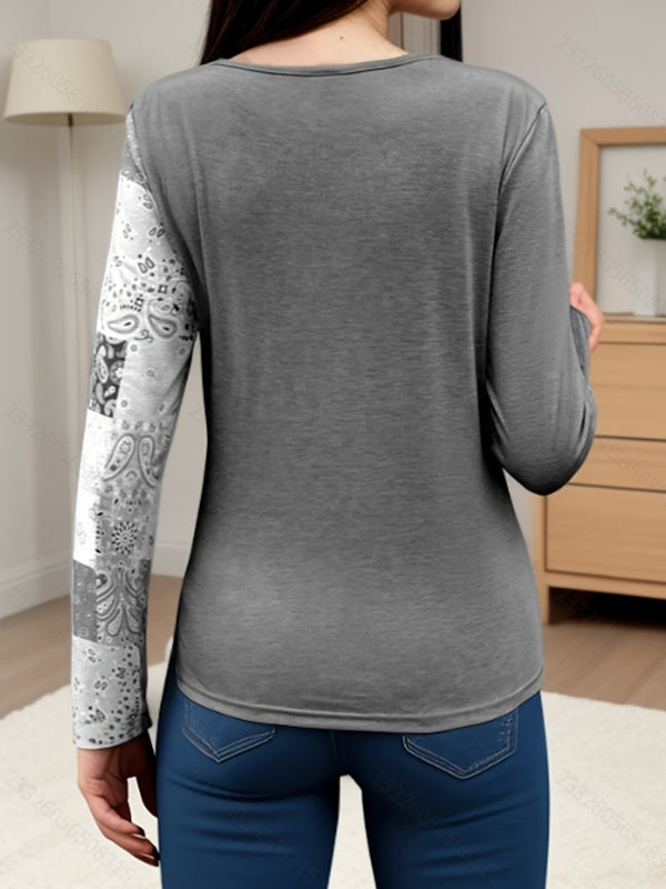 Irregularity Long Sleeves Asymmetric Buckle Contrast Color Pleated Split-Joint Round-Neck T-Shirts Tops