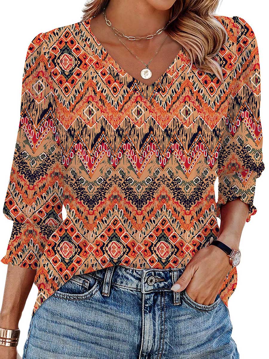 Long Sleeves Loose Contrast Color Pleated Printed Split-Joint V-Neck T-Shirts Tops