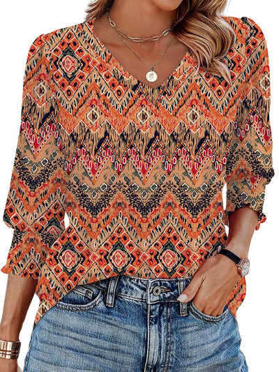 Long Sleeves Loose Contrast Color Pleated Printed Split-Joint V-Neck T-Shirts Tops