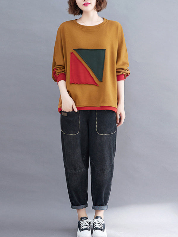Artistic Retro Loose Triangle Applique Contrast Color Round-Neck Long Raglan Sleeves Sweatshirt