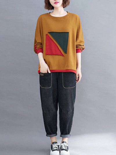 Artistic Retro Loose Triangle Applique Contrast Color Round-Neck Long Raglan Sleeves Sweatshirt