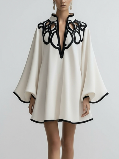 Flared Sleeves Loose Contrast Color Hollow Stand Collar Mini Dresses