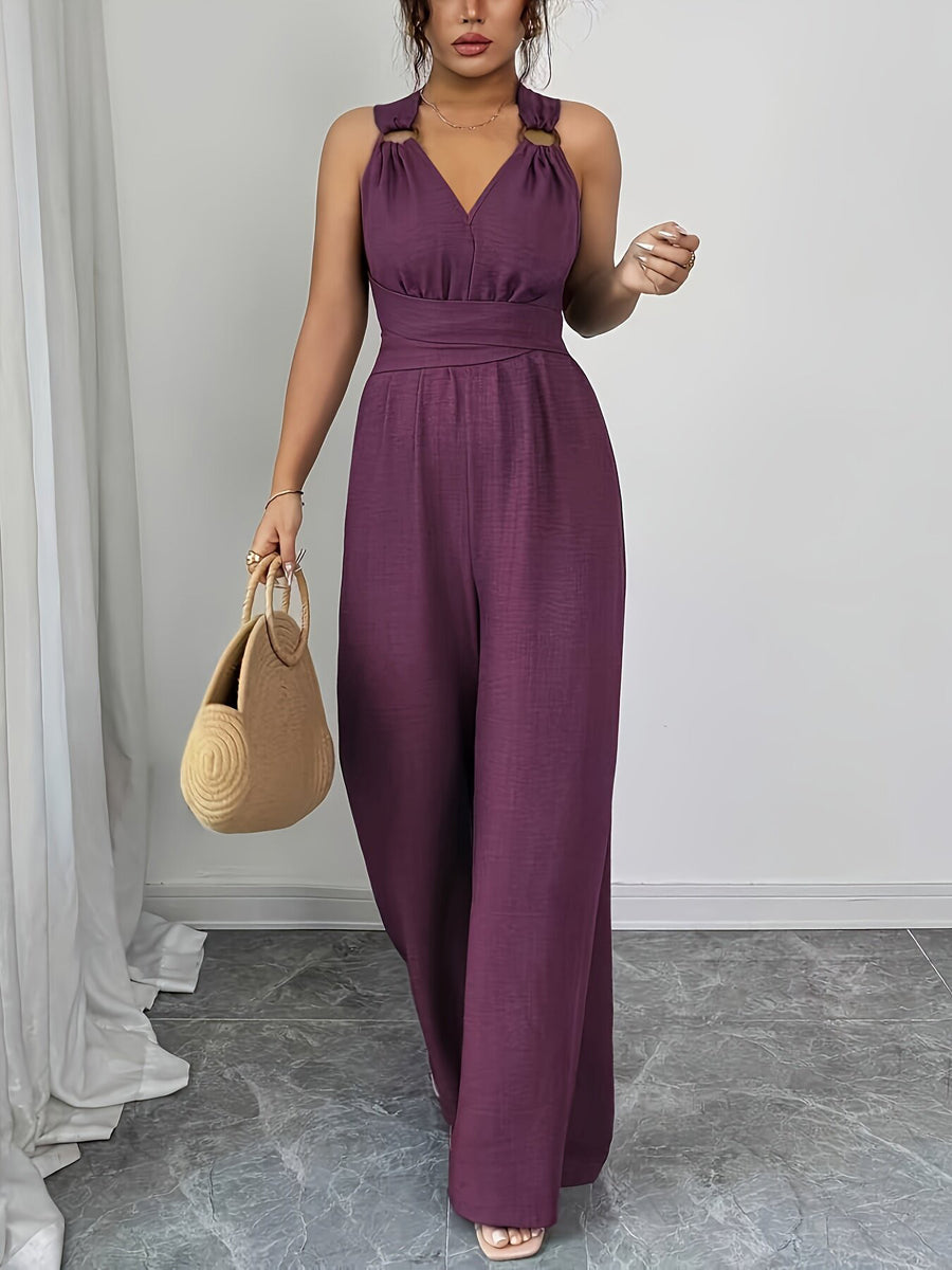 High Waisted Sleeveless Backless Solid Color Tied Spaghetti-Neck Jumpsuits