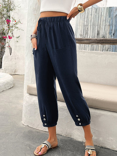 Loose Drawstring Elasticity Pleated Pockets Solid Color Ninth Pants Trousers