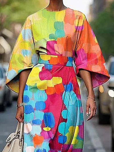 Loose Asymmetric Split-Joint Tied Waist Round-Neck Midi Dresses