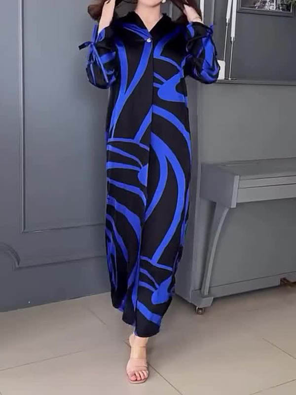 A-Line Long Sleeves Contrast Color V-Neck Maxi Dresses Shirt Dress