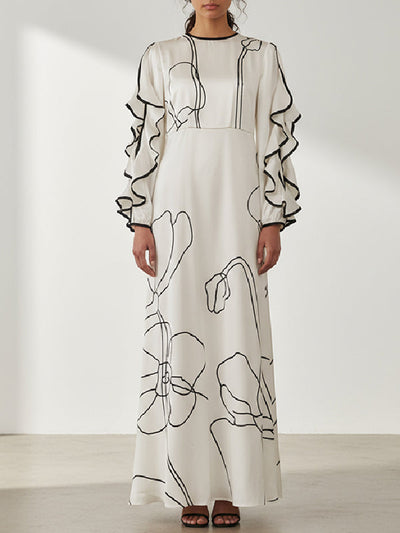 Loose Contrast Color Falbala Flower Print Hollow Zipper Maxi Dresses