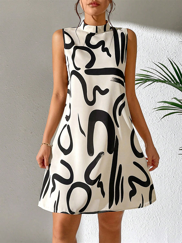 A-line Sleeveless Contrast Color Printed Mini Dresses
