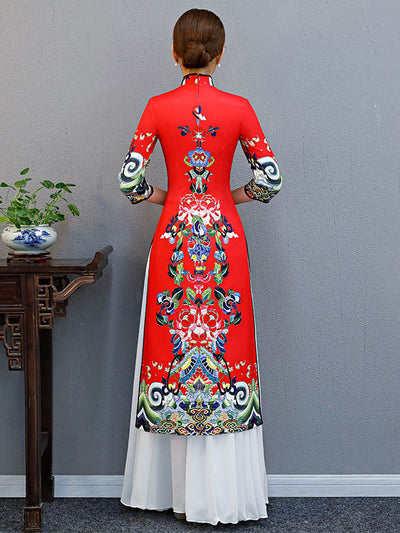 Red Split-Joint Seven-Quarter Sleeves Ao Dai Long Cheongsams