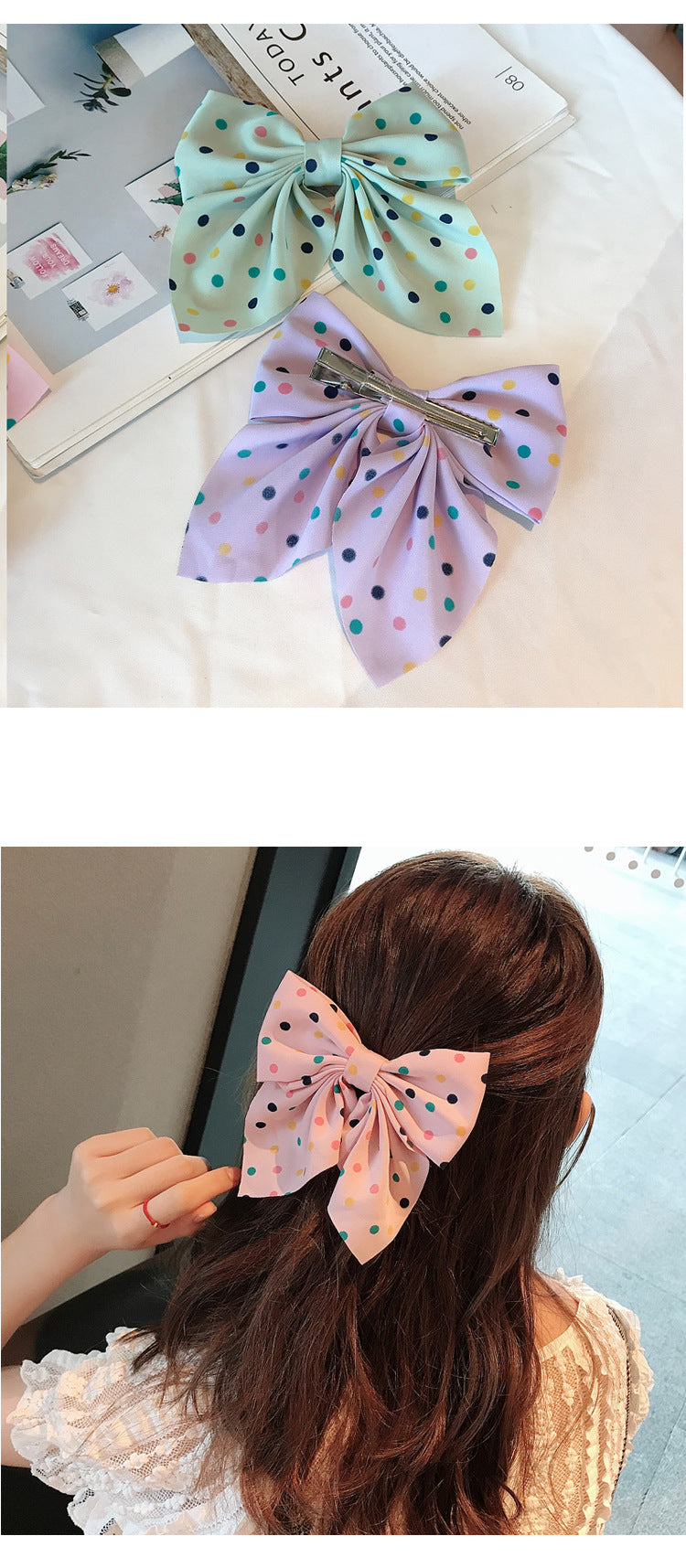 korean fabric retro bow hairpin sweet color wave dot clip hairpin