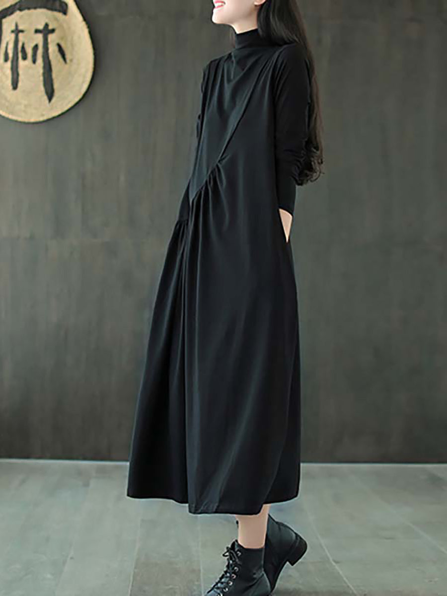 Plus Size Solid Color Draped High Neckline Dress