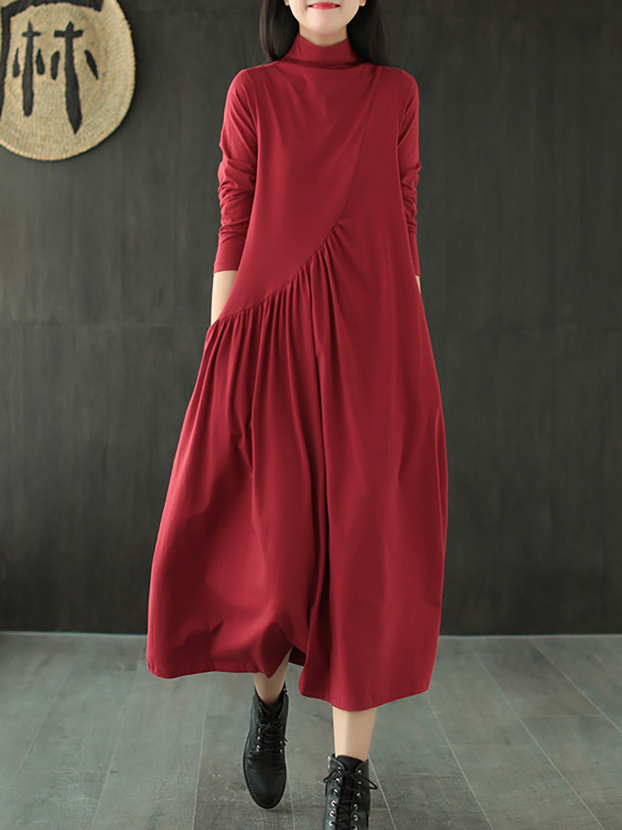 Plus Size Solid Color Draped High Neckline Dress