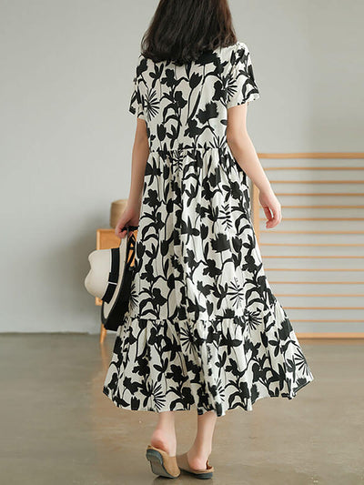 Plus Size Cotton O-neck Floral Dress