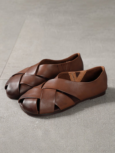 Spring Summer Solid Color Leather Round Toe Flat Shoes