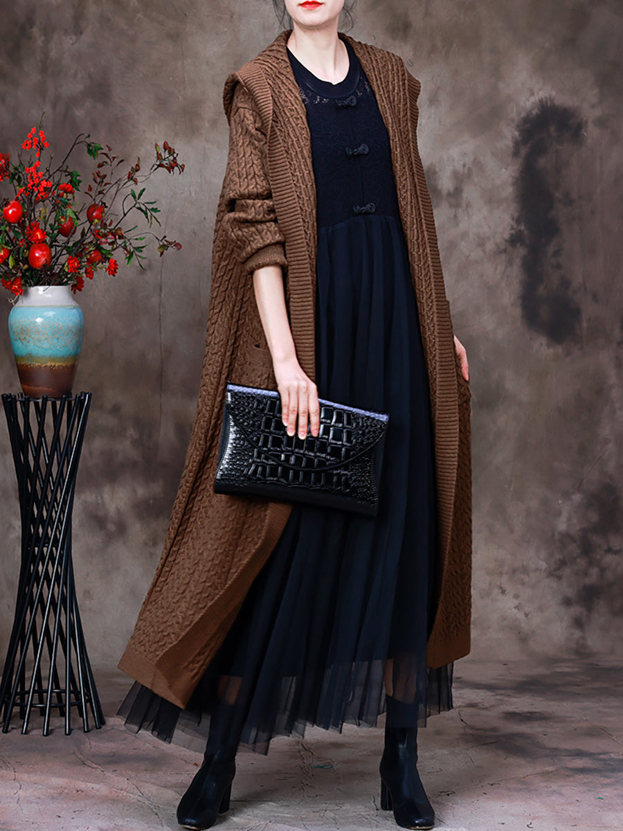 Women Casual Hooded Knee-Length Sweater Coat