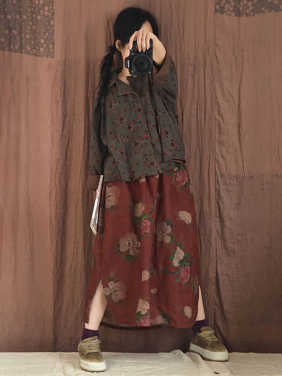 Women Floral Elastic Waist A-Line Skirt