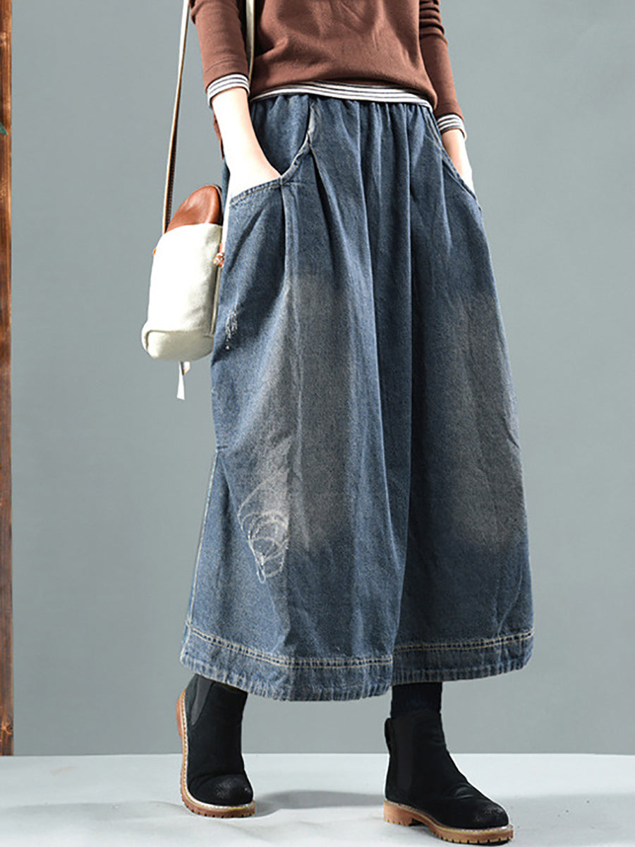 Plus Size Women Retro Fade Pocket Elastic Waist Denim Skirt