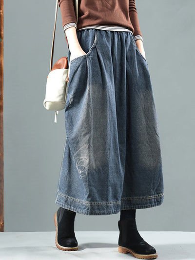 Plus Size Women Retro Fade Pocket Elastic Waist Denim Skirt