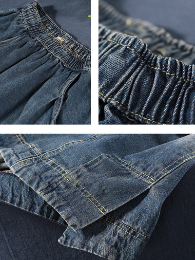 Plus Size Women Retro Fade Pocket Elastic Waist Denim Skirt