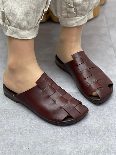 Women Summer Casual Soft Leather Solid Knitted Slippers