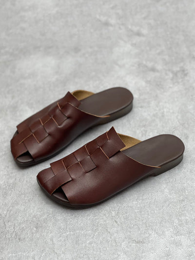 Women Summer Casual Soft Leather Solid Knitted Slippers