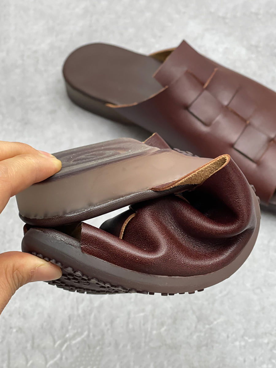 Women Summer Casual Soft Leather Solid Knitted Slippers