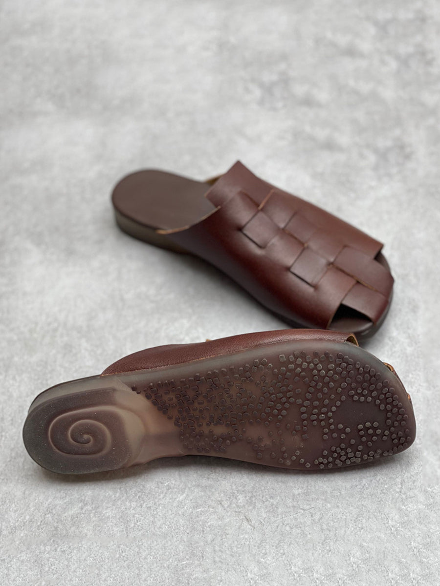 Women Summer Casual Soft Leather Solid Knitted Slippers