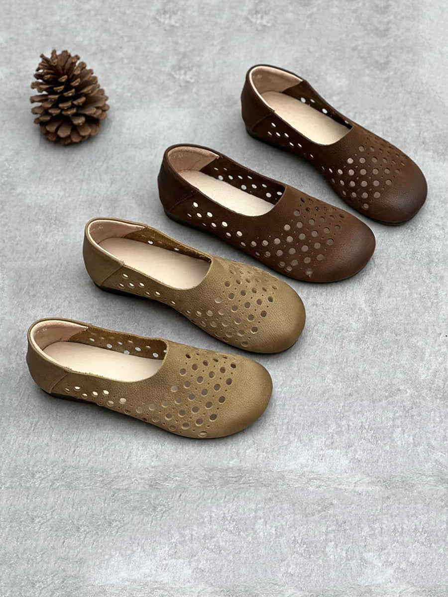 Women Summer Geniune Leather Hollow Out Flat Shoes