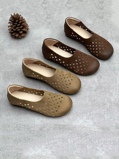 Women Summer Geniune Leather Hollow Out Flat Shoes