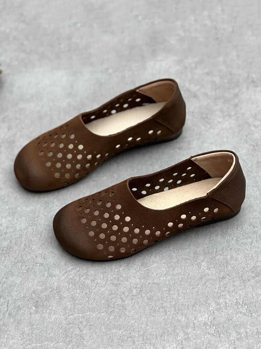 Women Summer Geniune Leather Hollow Out Flat Shoes