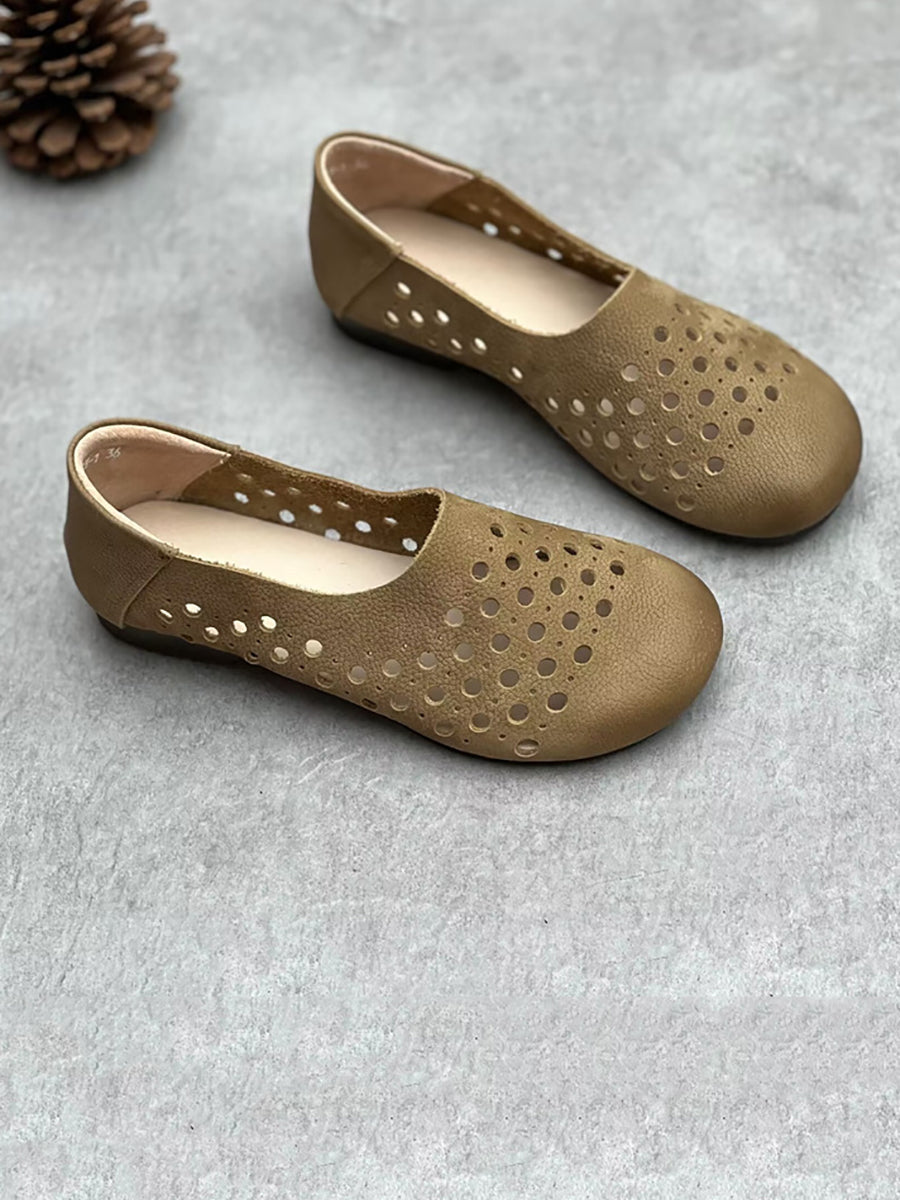 Women Summer Geniune Leather Hollow Out Flat Shoes