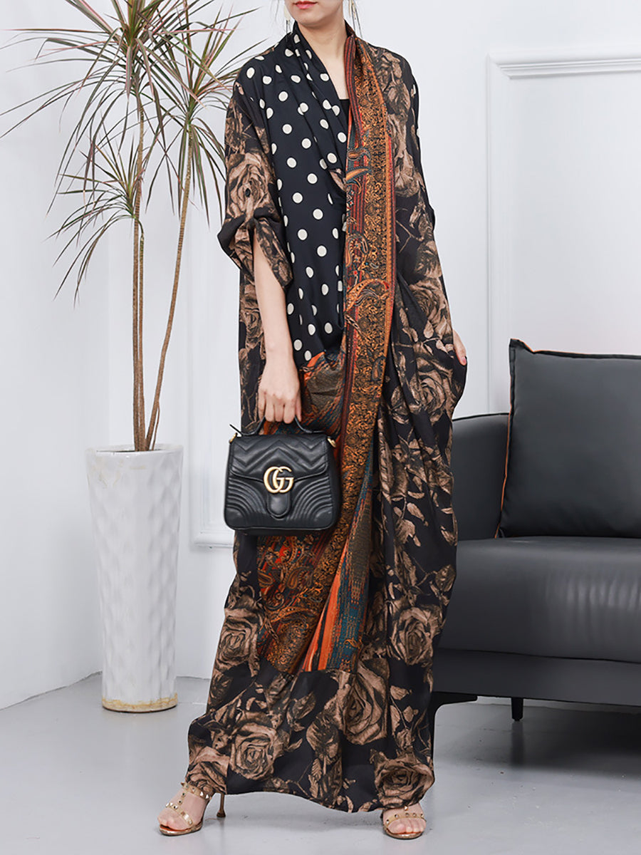 Plus Size Women Summer Retro Flower Dot Spliced Long Dress