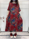 Plus Size Summer Vintage Ethnic Flower Button Loose Dress