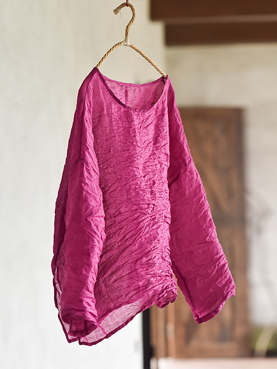 Plus Size Women Summer Solid Vintage O-Neck Split Hem Ramie Shirt