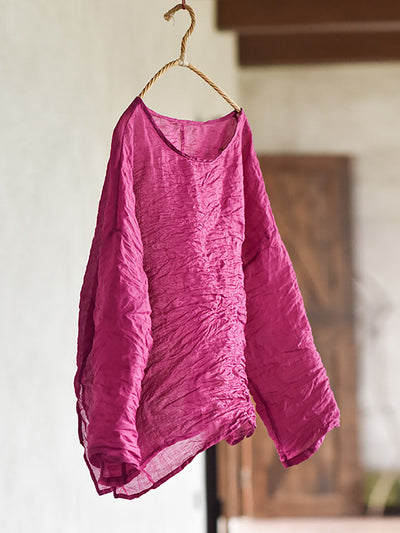 Plus Size Women Summer Solid Vintage O-Neck Split Hem Ramie Shirt