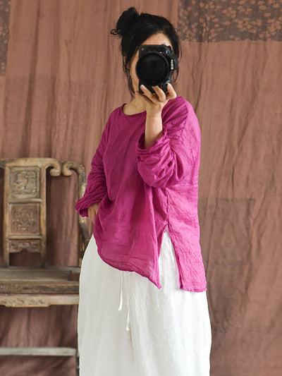 Plus Size Women Summer Solid Vintage O-Neck Split Hem Ramie Shirt