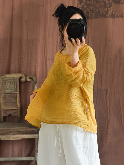 Plus Size Women Summer Solid Vintage O-Neck Split Hem Ramie Shirt