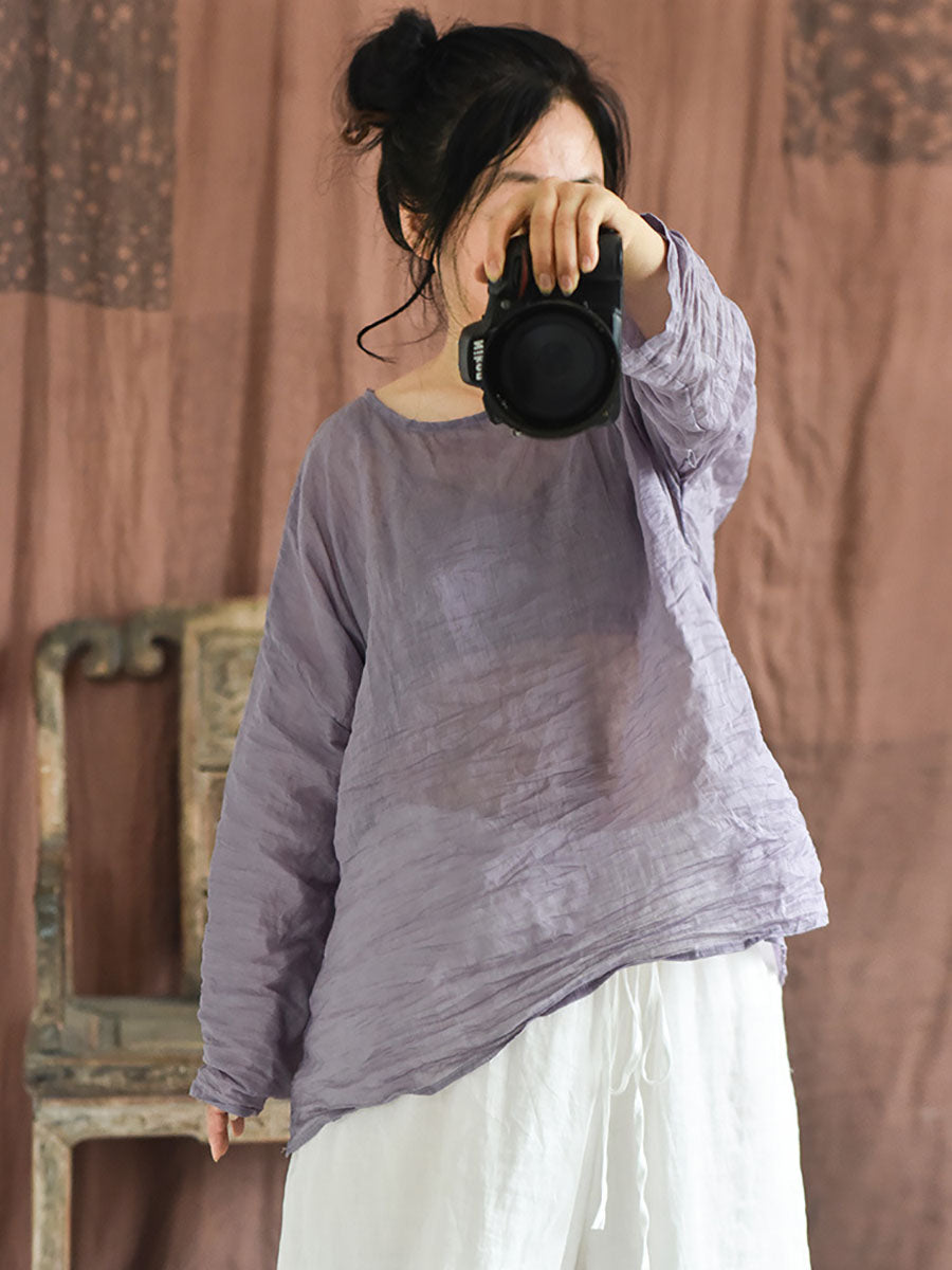 Plus Size Women Summer Solid Vintage O-Neck Split Hem Ramie Shirt