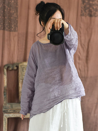 Plus Size Women Summer Solid Vintage O-Neck Split Hem Ramie Shirt