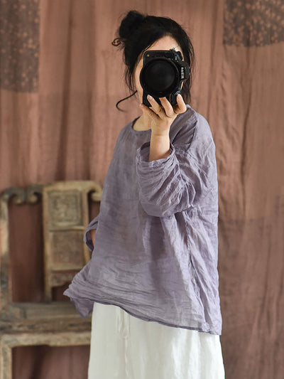 Plus Size Women Summer Solid Vintage O-Neck Split Hem Ramie Shirt