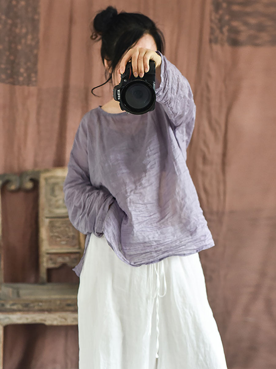 Plus Size Women Summer Solid Vintage O-Neck Split Hem Ramie Shirt