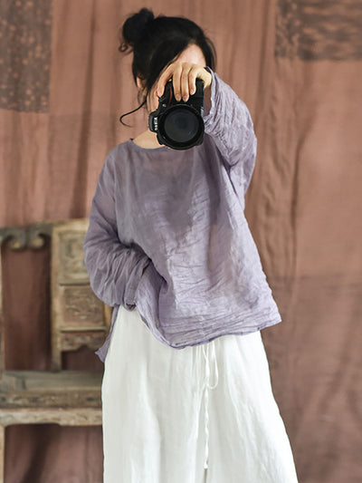 Plus Size Women Summer Solid Vintage O-Neck Split Hem Ramie Shirt