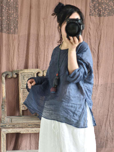 Plus Size Women Summer Solid Vintage O-Neck Split Hem Ramie Shirt